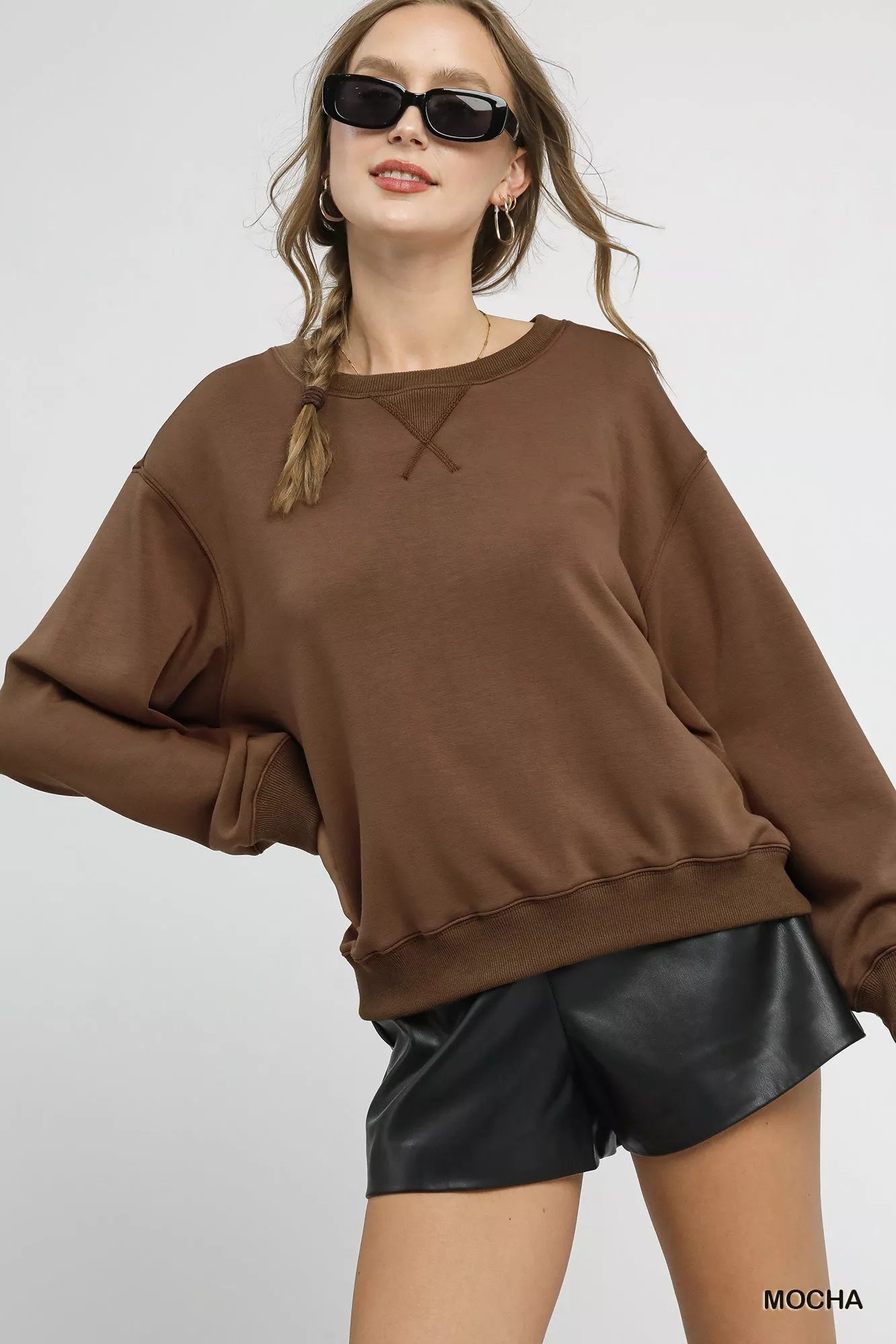 Umgee Mocha Round Neck Long Sleeve Fleece Sweatshirt