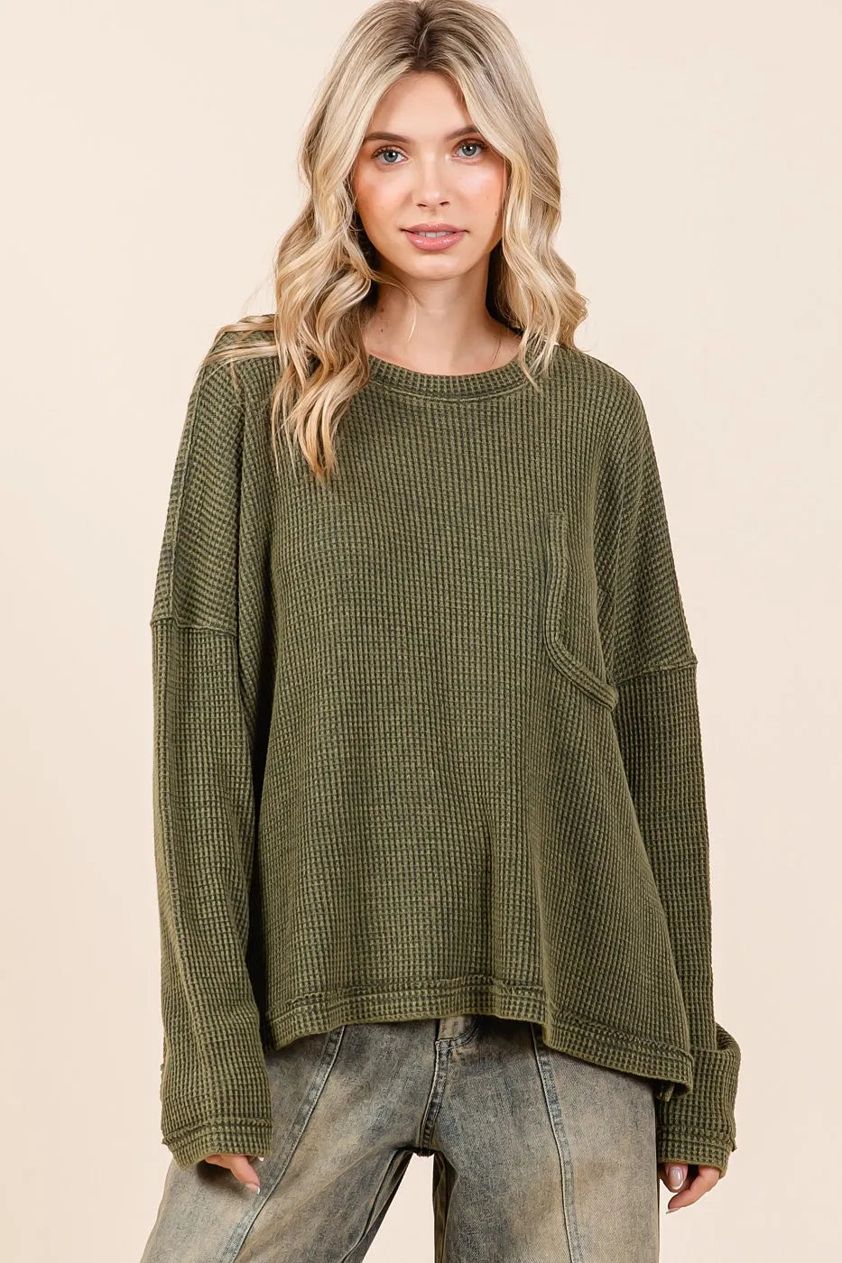Mittoshop Olive Mineral Wash Cutout Pocket Long Sleeve Waffle Knit Top