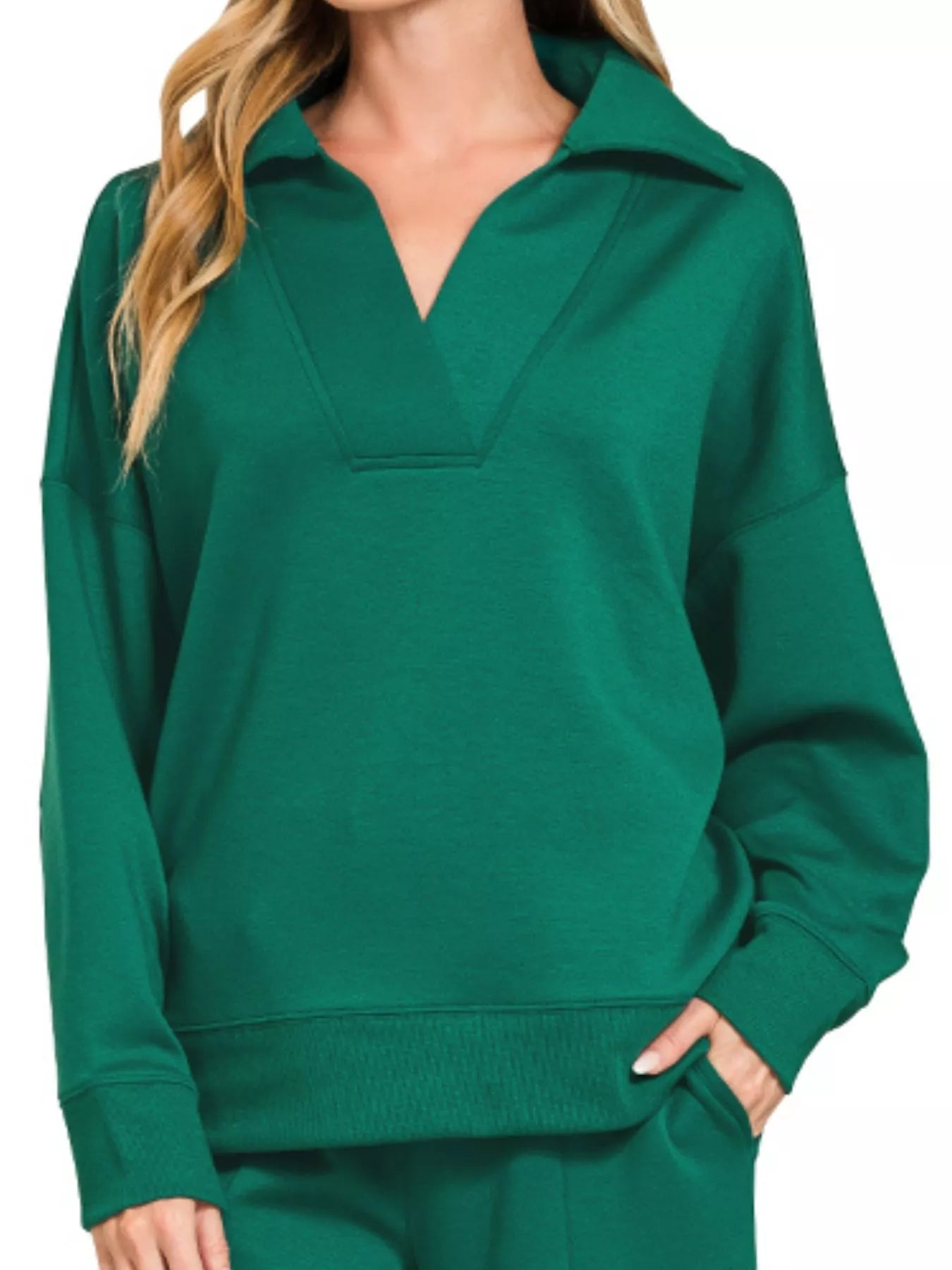 Zenana Hunter Green Scuba Collared Pullover and Pants Set