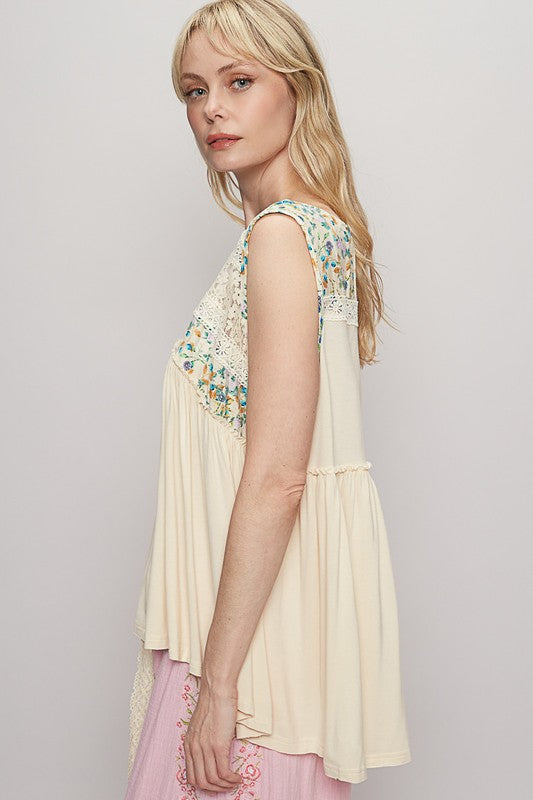 POL Lace Detail Frill Floral V-Neck Sleeveless Top in Cream