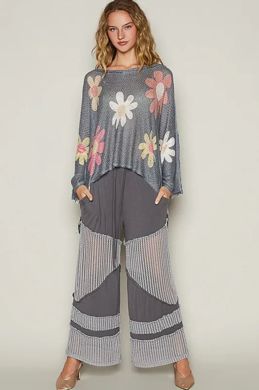 POL Charcoal Flower Dropped Shoulder Long Sleeve Knit Top