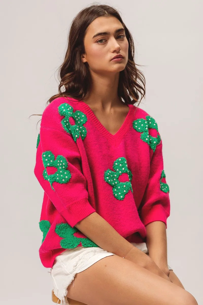 BiBi Fuchsia & Jade Pearl Beads Flowers Sweater Top FUCHSIA JADE