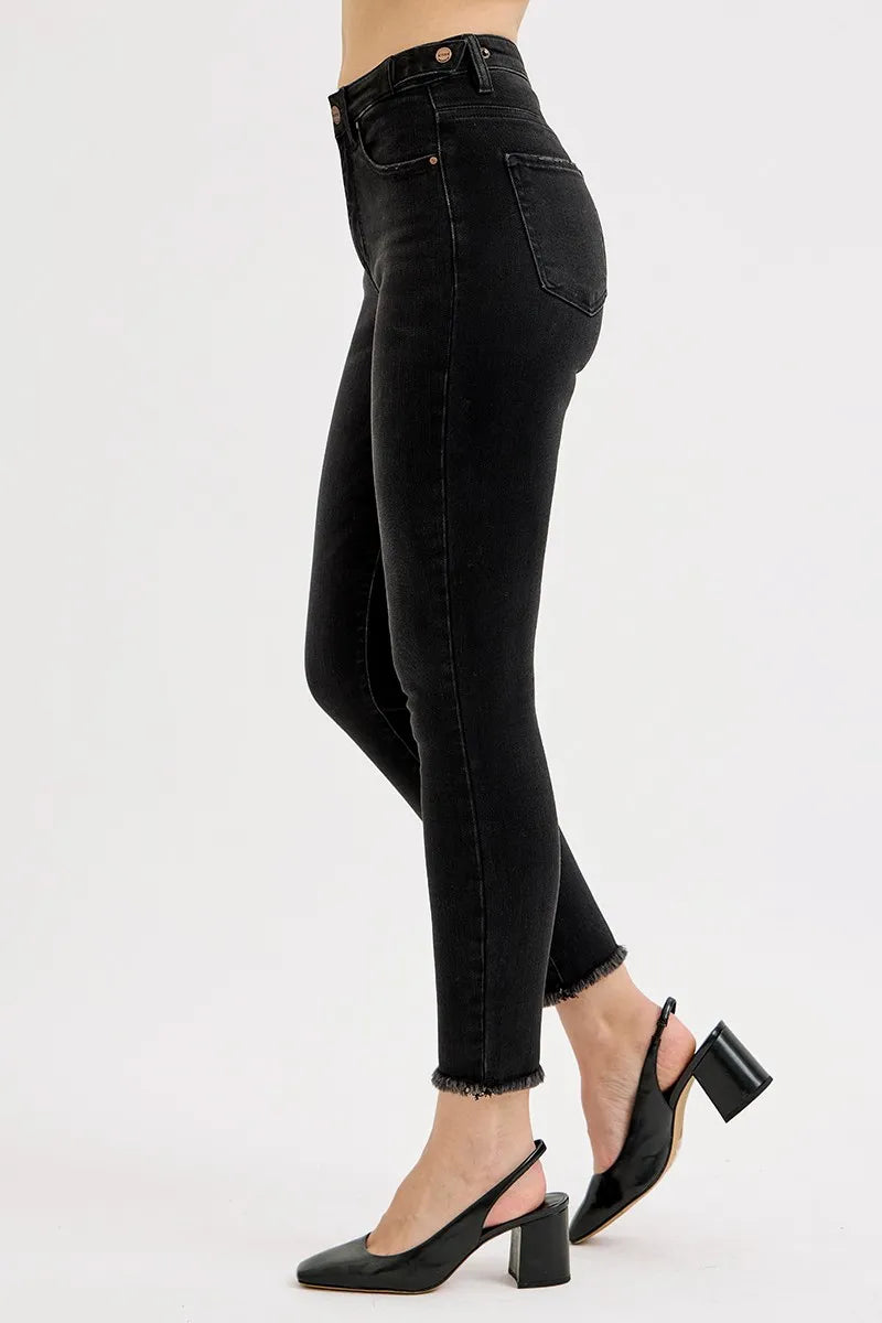 RISEN Black Tummy Control High Rise Waist Raw Hem Skinny Jeans