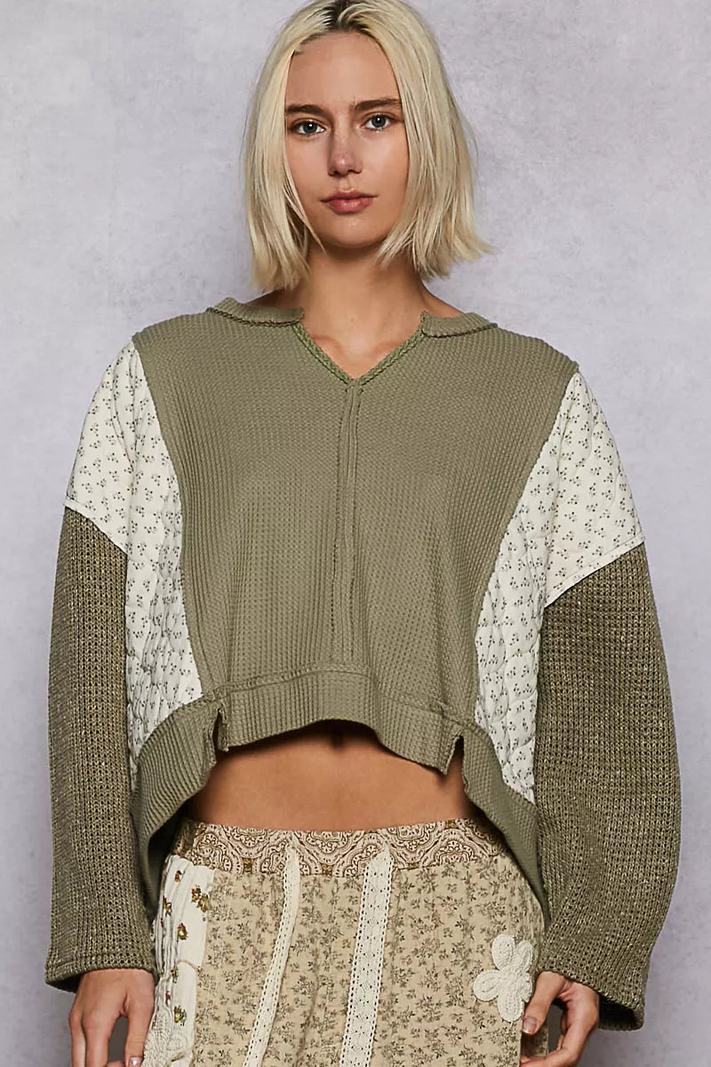 POL Olive Mix Thermal Floral Pattern Quilted Knit Cropped Top with Raw Edge Detail