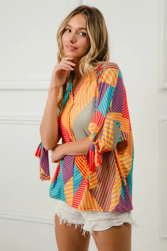 BiBi Multi Color Stripe Block Printed Jersey Blouse with Tied Sleeves