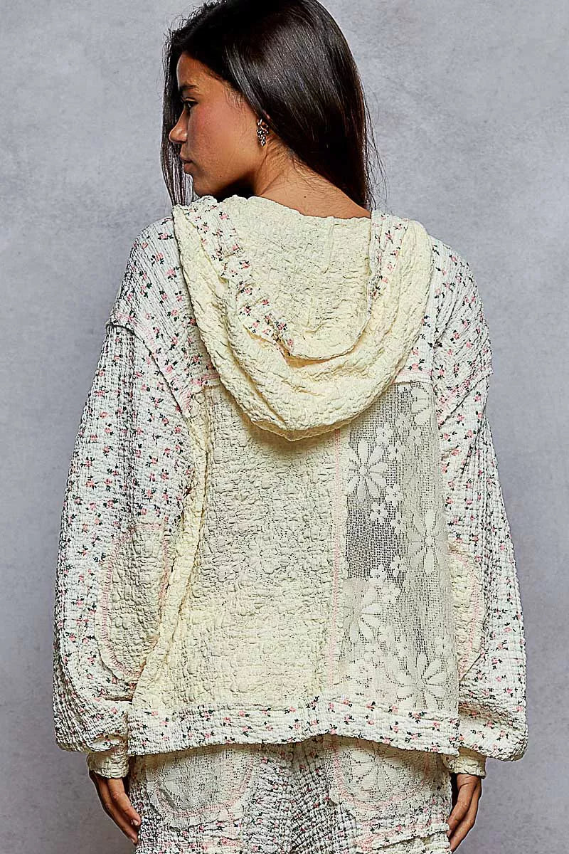 POL Cream Floral Balloon Sleeve Hooded Lace Jacket with Stitch Detail