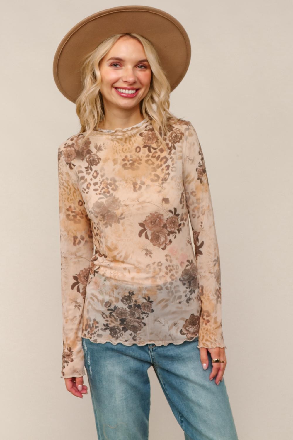 Haptics Taupe Floral & Leopard Print Semi Sheer Top With Frilled Merrow Hem