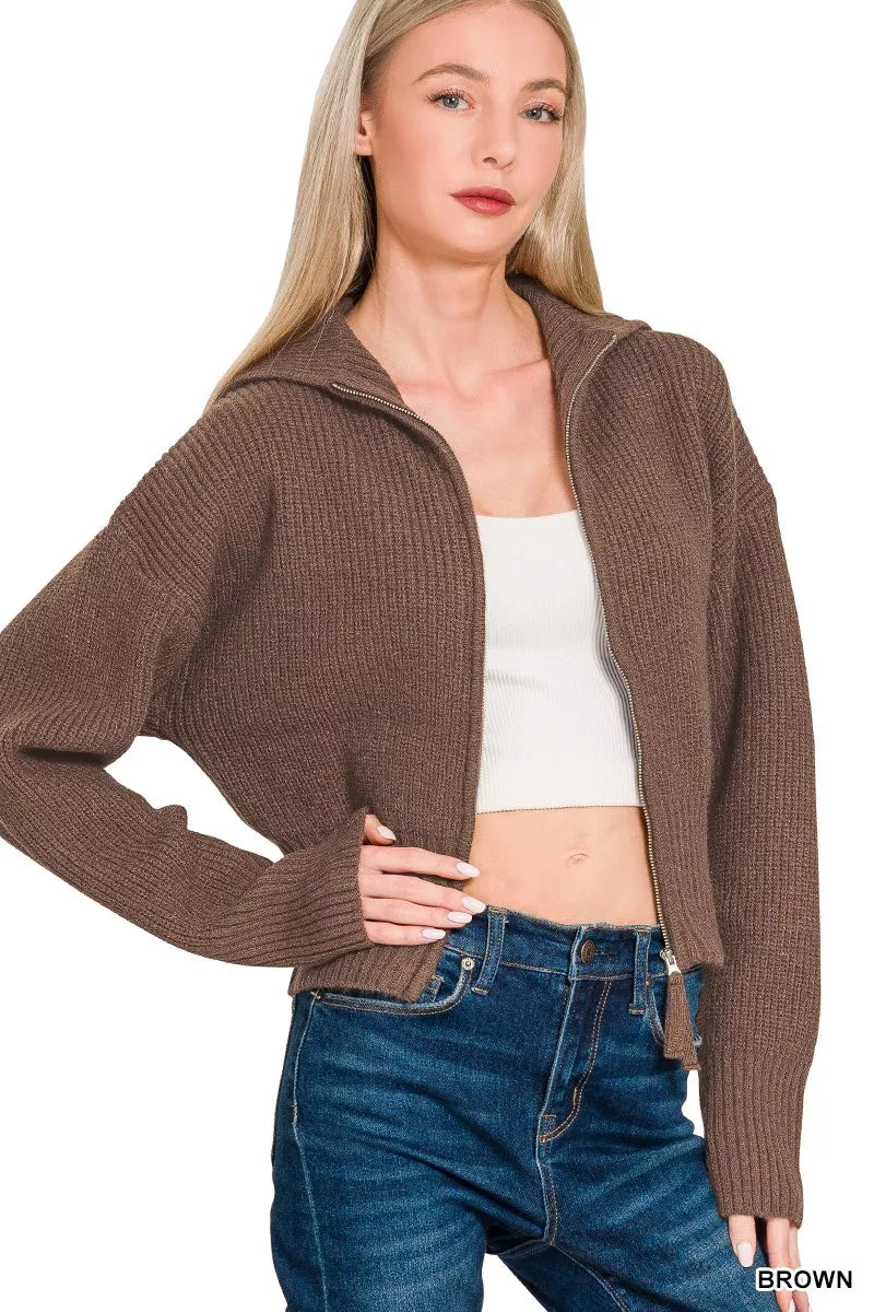 Zenana Brown Ribbed Collared Zip Up Sweater Cardigan