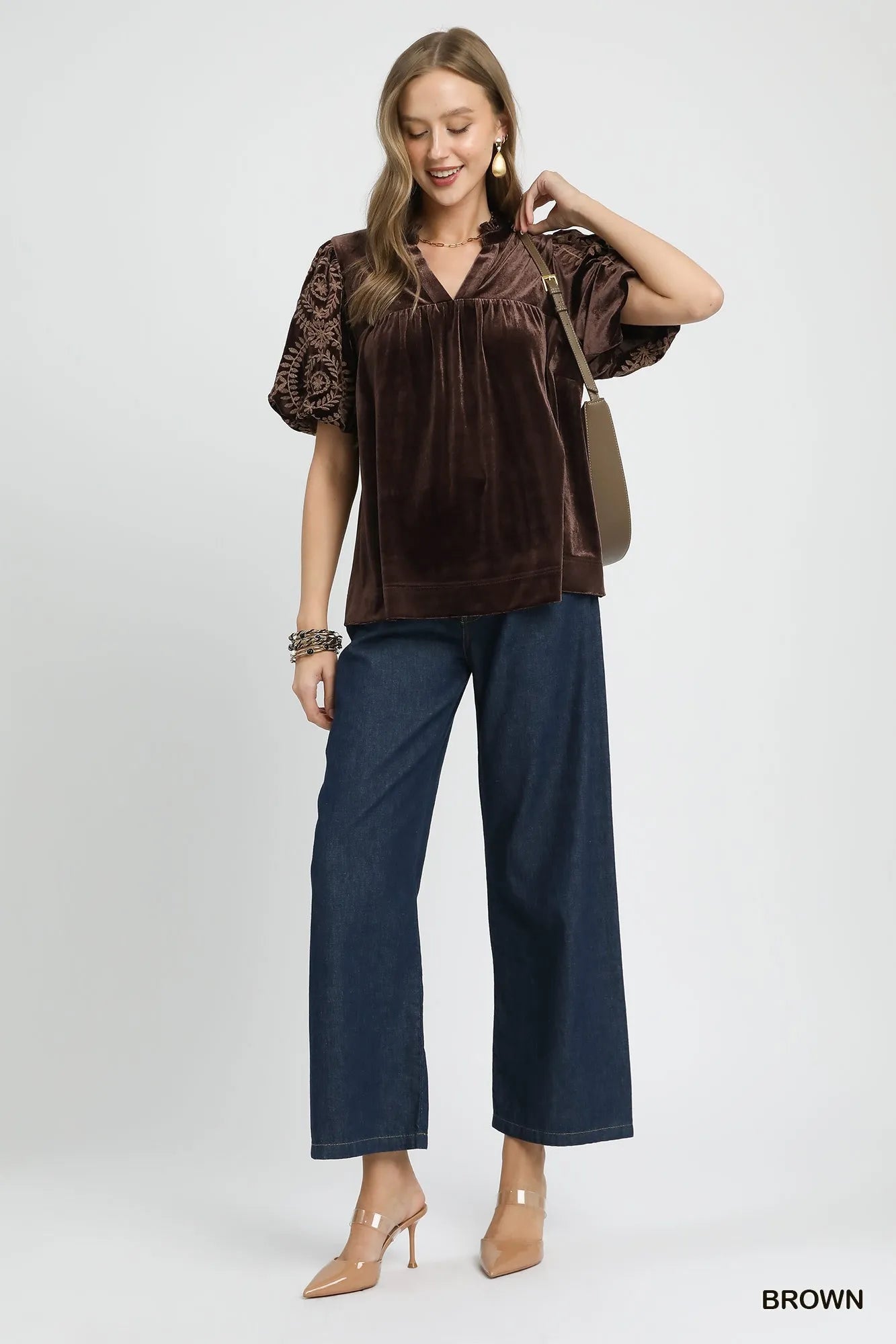 Umgee Brown Velvet Embroidered Sleeve Blouse