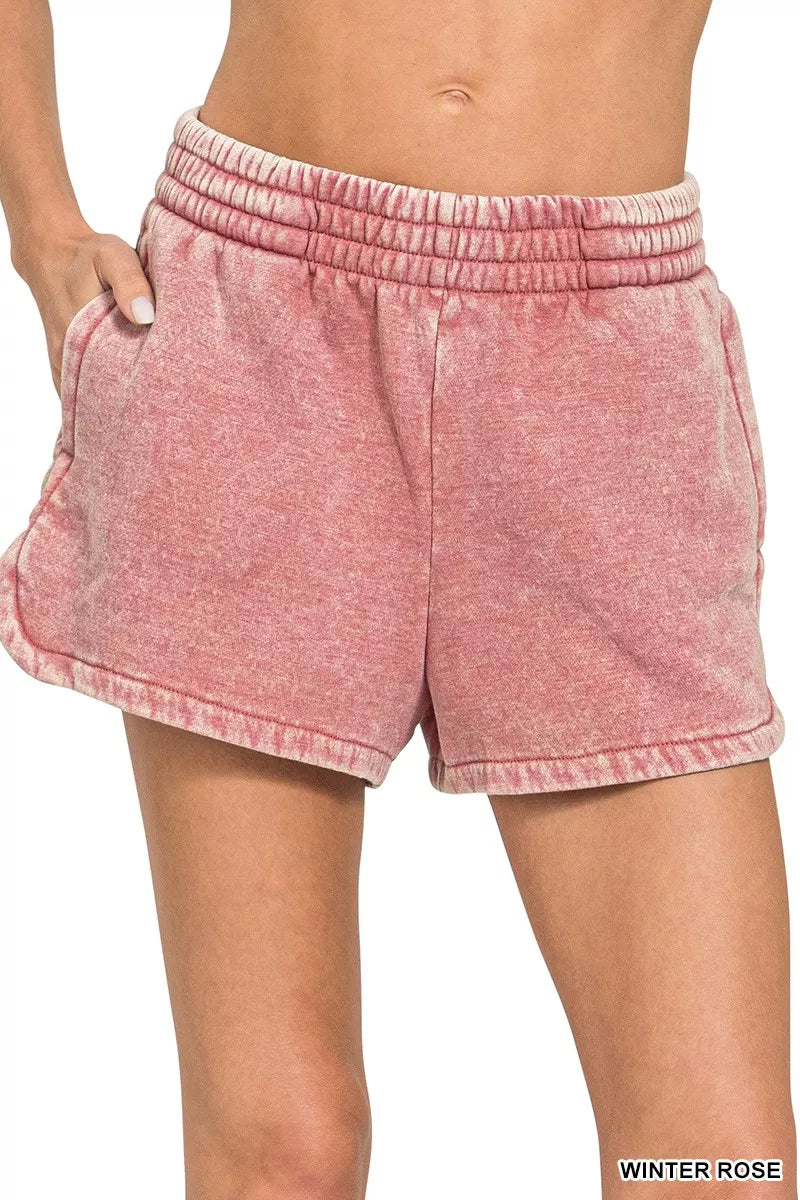 Zenana Winter Rose Acid Washed Elastic Waistband Dolphin Shorts