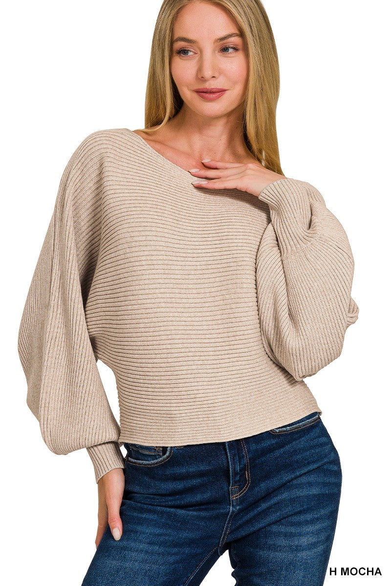 Zenana Heather Mocha Boat Neck Balloon Sleeve Sweater H MOCHA