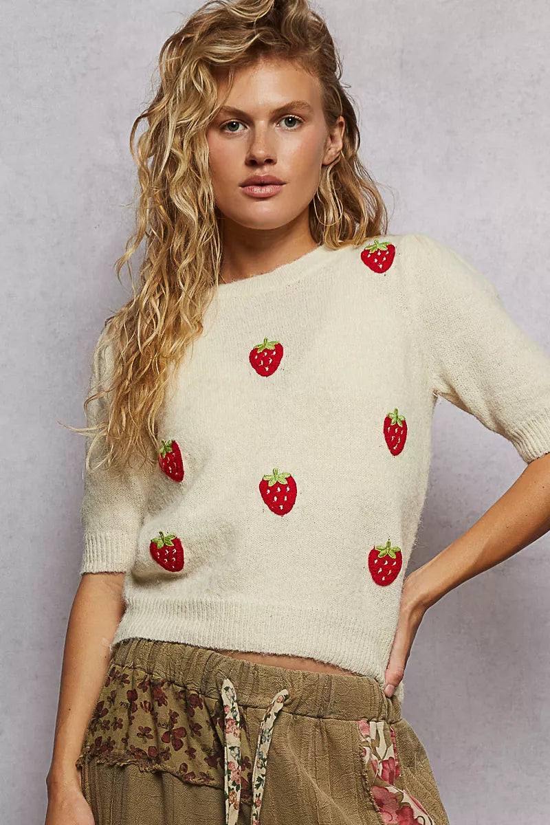 POL Cream Round Neck Strawberry Patch Sweater with Shirring Shoulder Cream