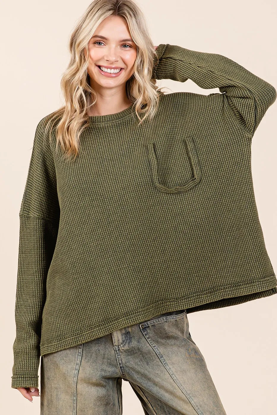 Mittoshop Olive Mineral Wash Cutout Pocket Long Sleeve Waffle Knit Top