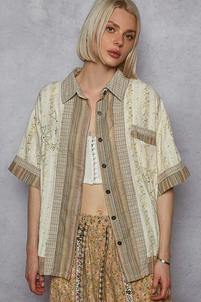 POL Cream Printed Button Down Patchwork Short Sleeve Shirt CREAM MULTI