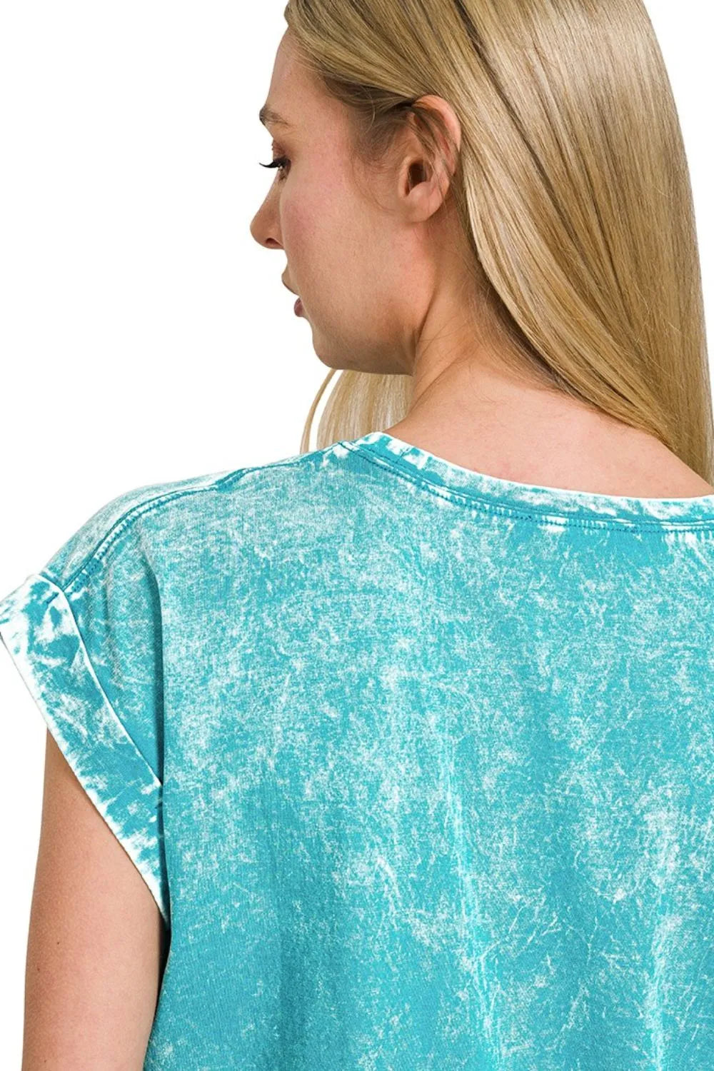 Zenana Light Teal Crinkle Washed Round Neck Folded Short Sleeve Tee