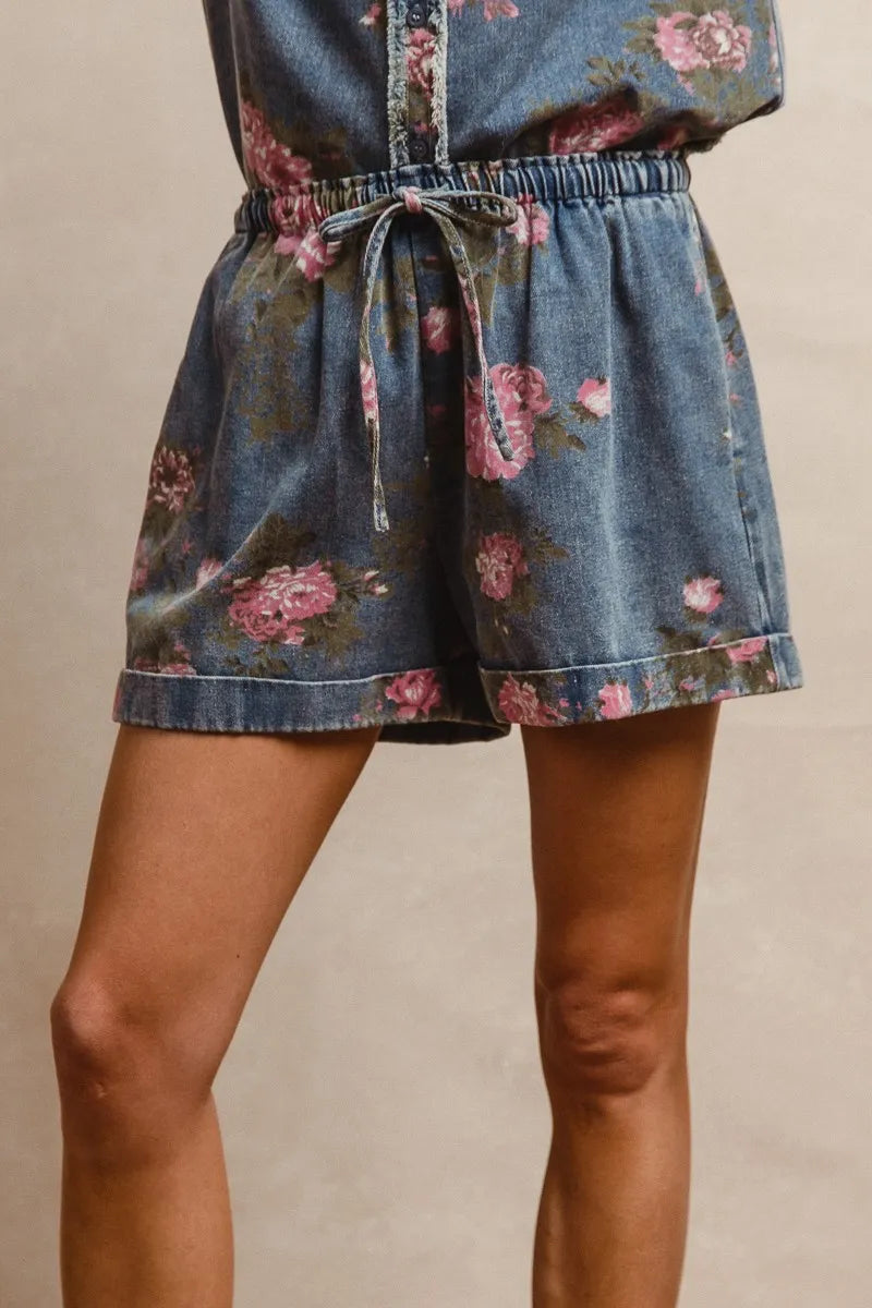 BiBi Floral Printed Denim Short With Pockets DENIM