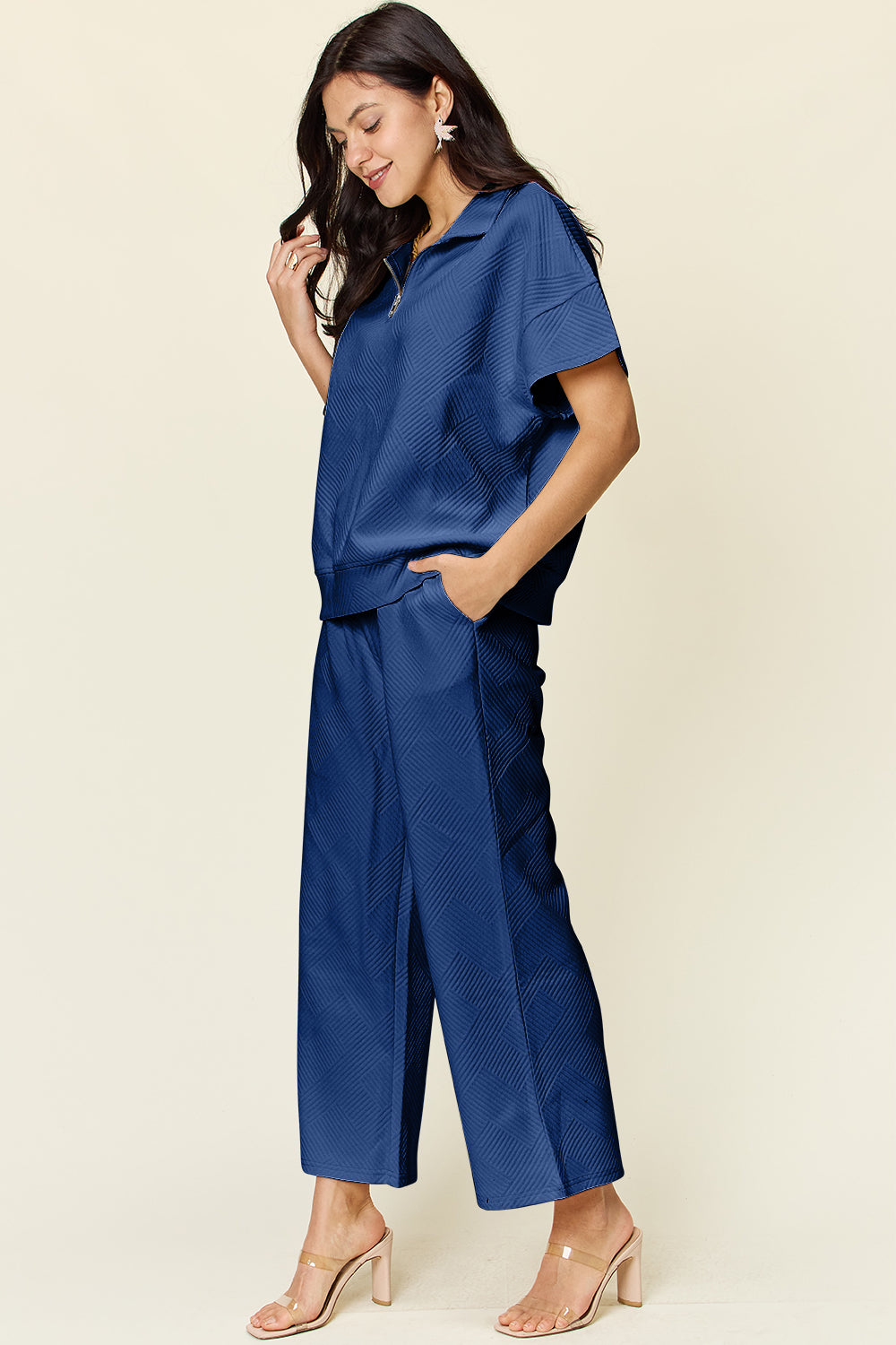 Double Take Quilted Textured Half Zip Short Sleeve Top and Pants Set Sets
