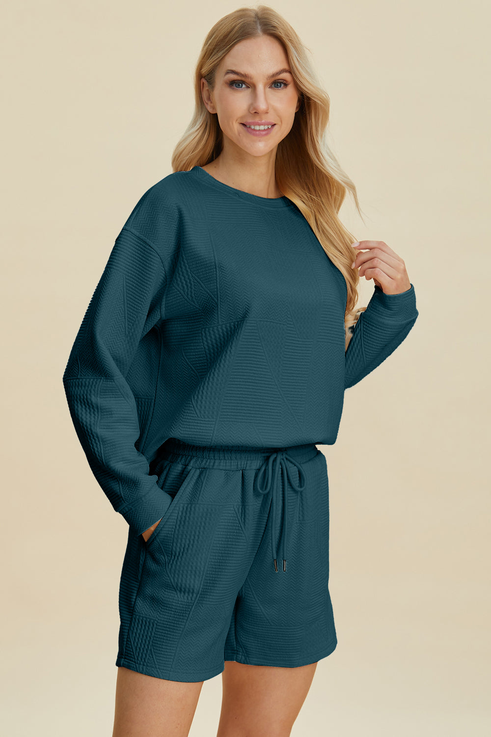 Double Take Peacock Blue Textures Round Neck Long Sleeve Top and Shorts Set
