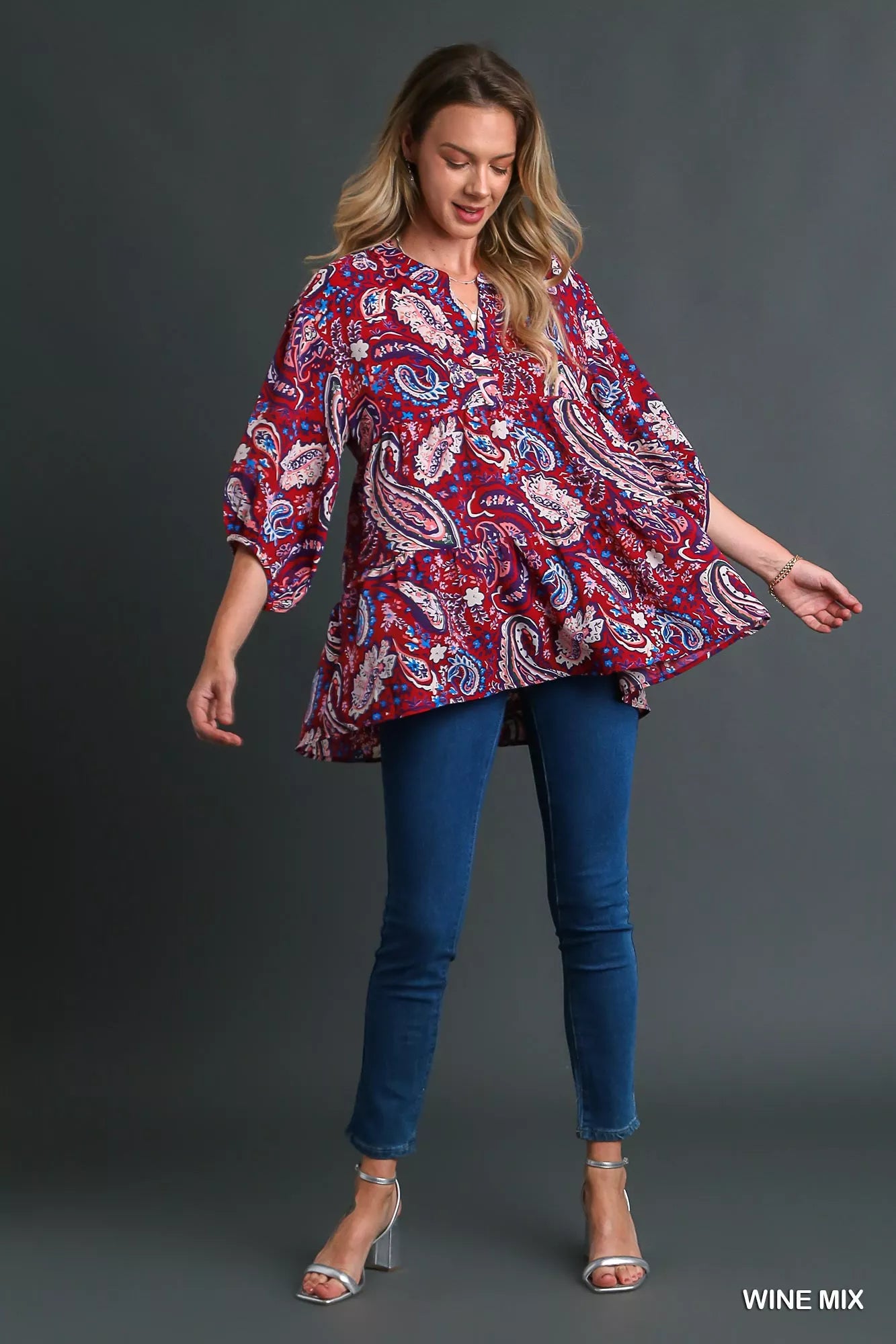 Umgee Wine Mix Paisley Boho Tunic Blouse