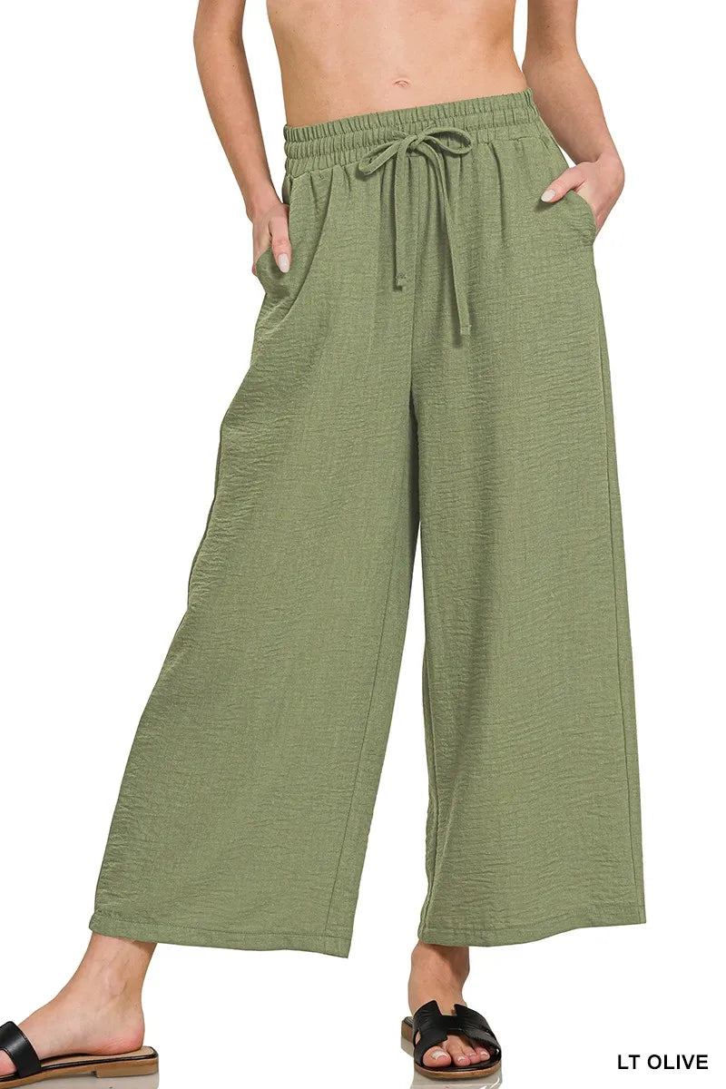 Zenana Light Olive Woven Crepe Elastic Band Waist Cropped Pants LT OLIVE