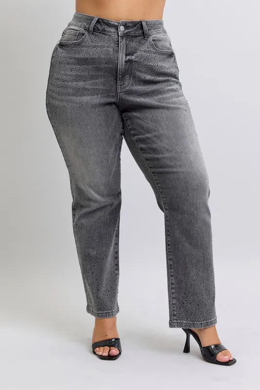 Judy Blue Gray High Waist Rhinestone Straight Jeans