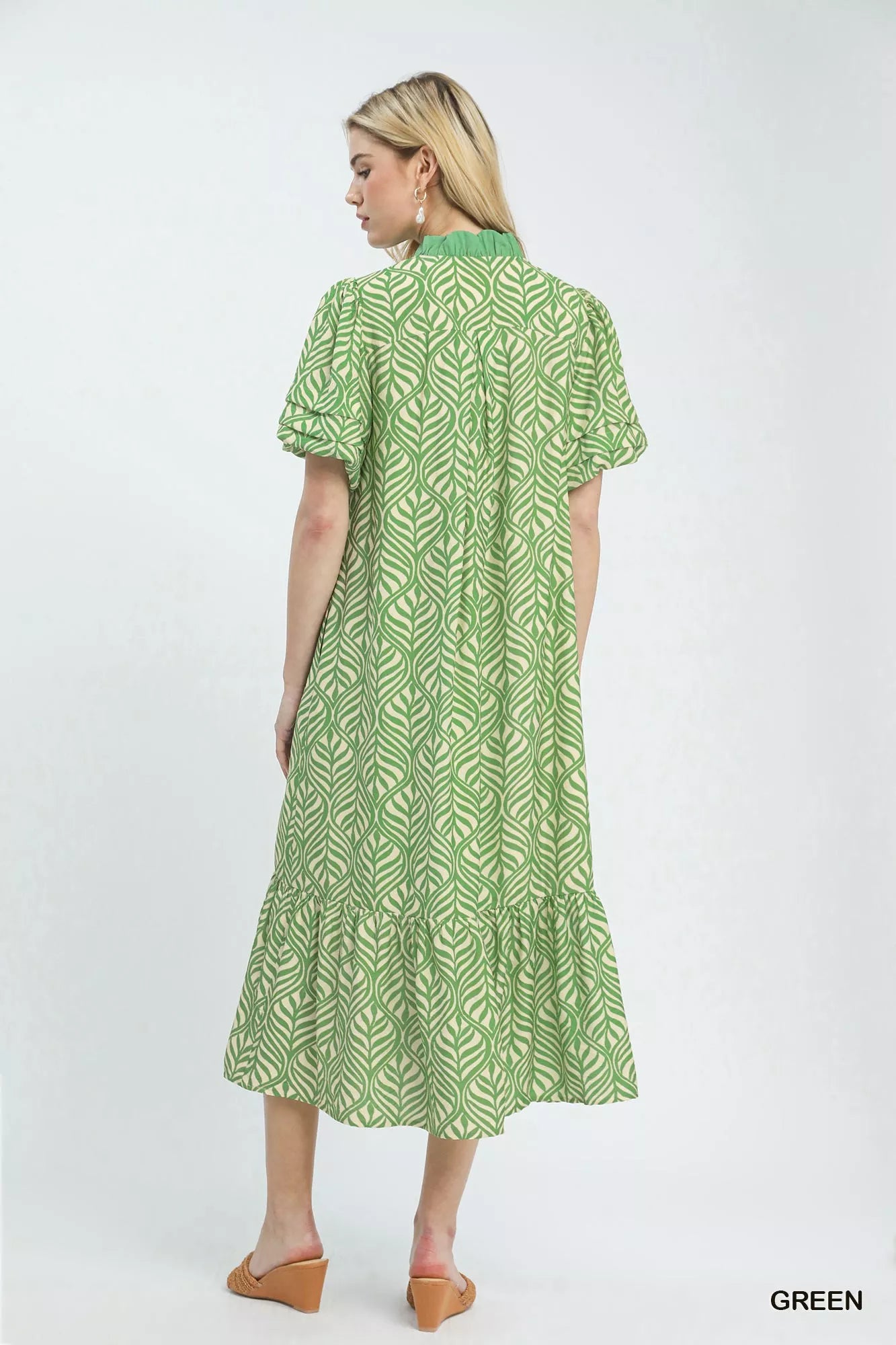 Umgee Green Leaf Print Ruffle Neck Midi Dress