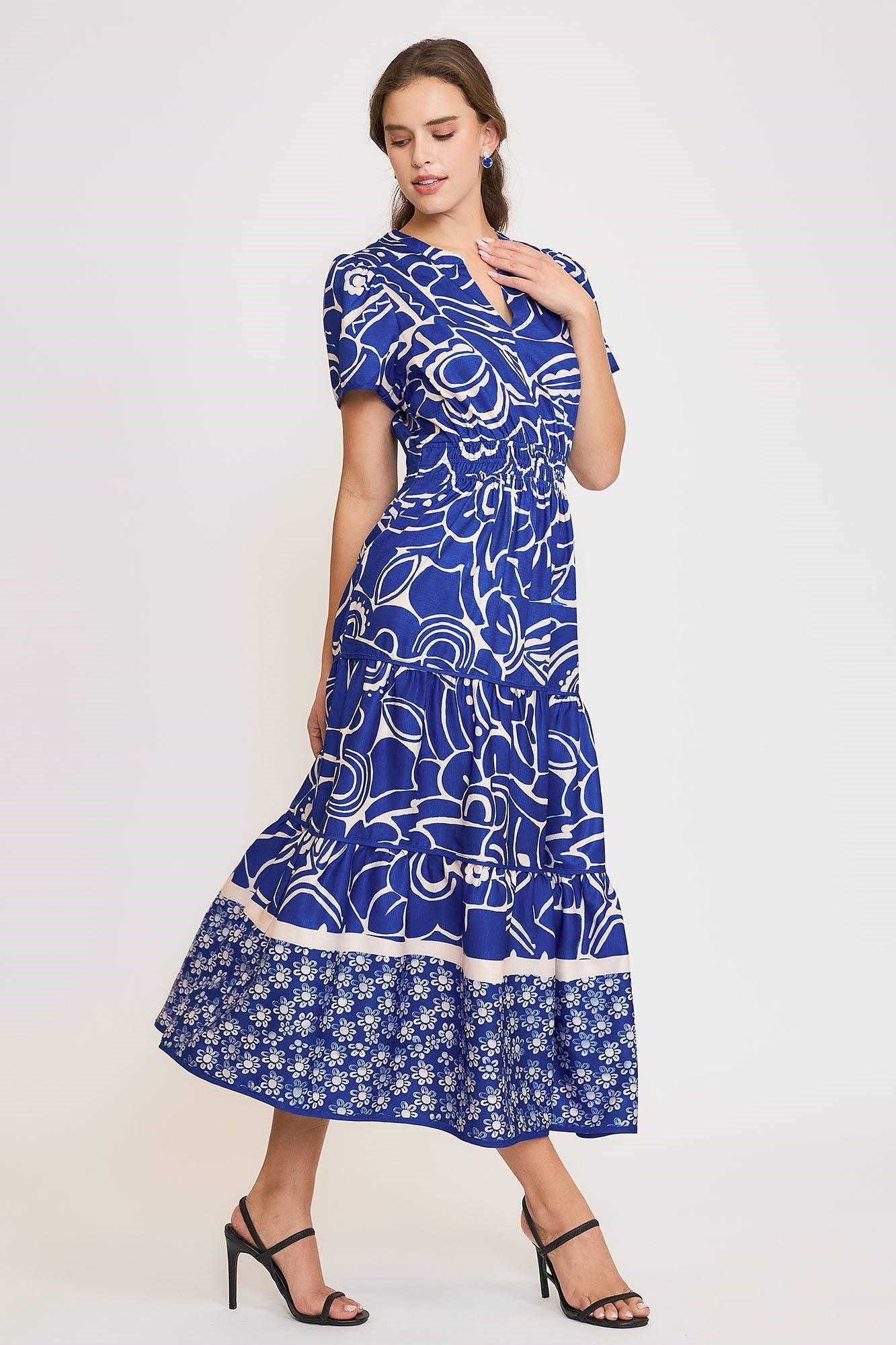 Umgee Royal Blue Printed Notched Short Sleeve Tiered Maxi Dress