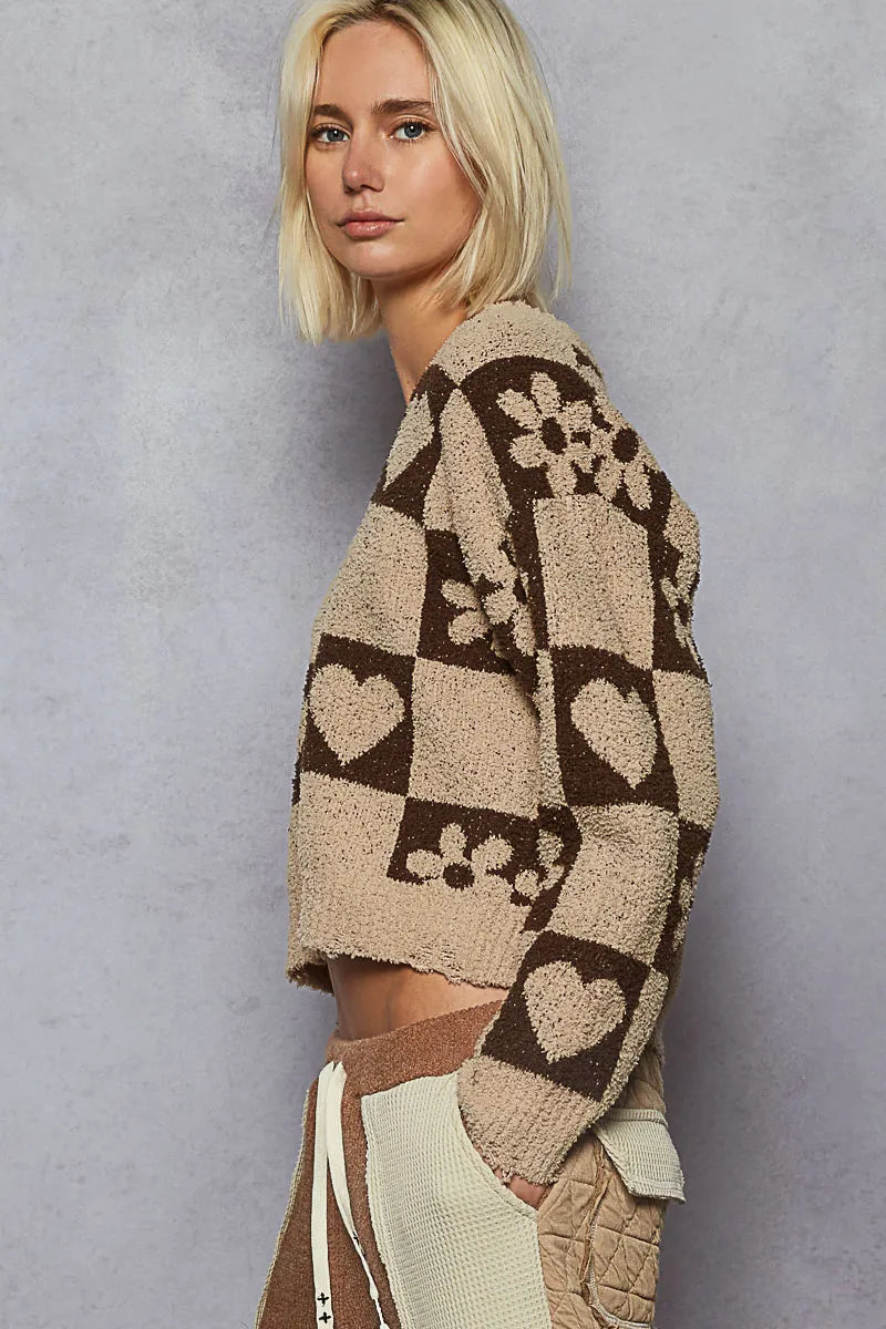POL Mocha & Brown V-Neck Heart Pattern Checkered Sweater