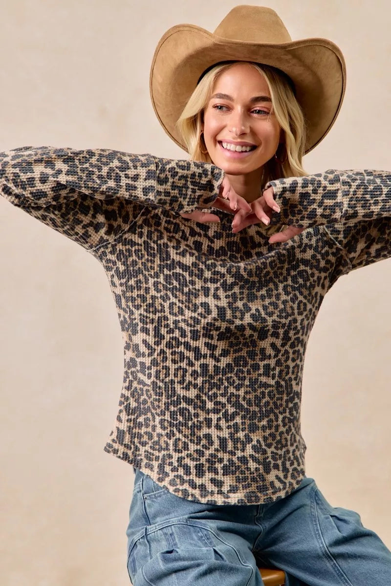 BiBi Leopard Print Washed Waffle Thermal Top with Thumbholes
