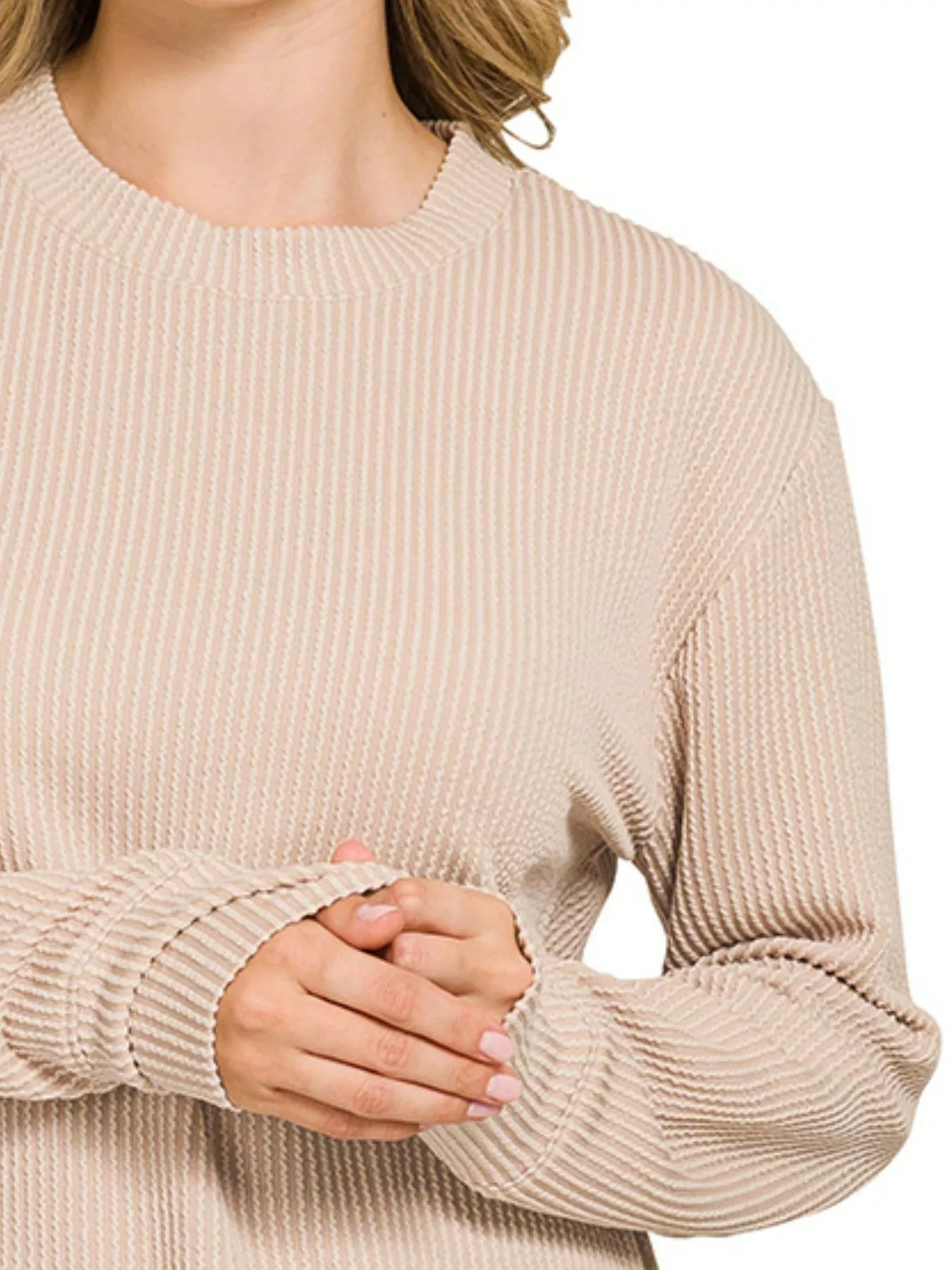 Zenana Ash Mocha Raised Rib Round Neck Long Sleeve Top