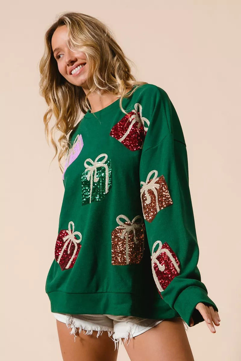 BiBi Green Sequin Christmas Gift Box Embroideries Pullover