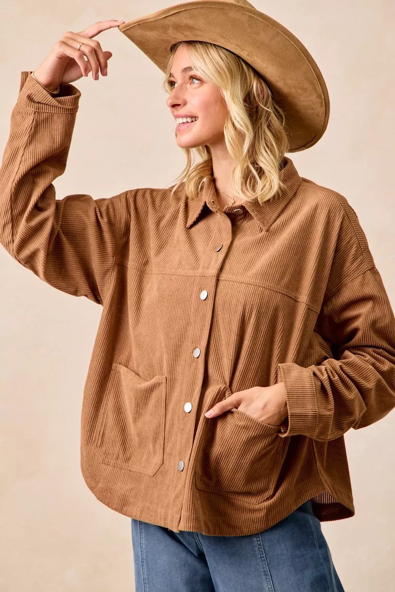 BiBi Camel Corduroy Relaxed Fit Shacket with Back Pleat