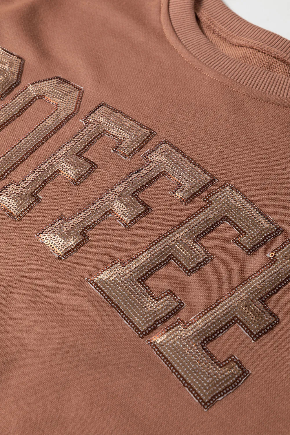 Preorder: COFFEE Sequin Round Neck Long Sleeve Top and Shorts Set Loungewear