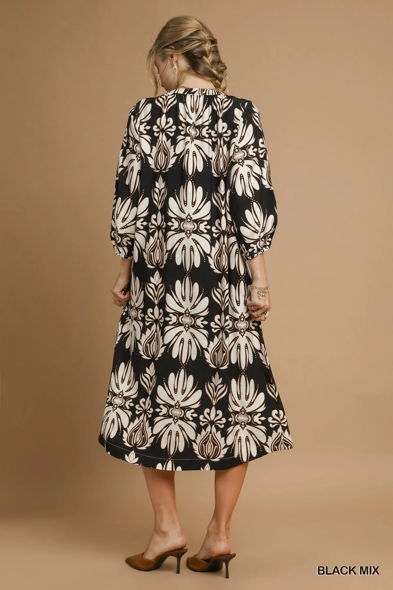 Umgee Black Mix Abstract Floral Print Midi Dress