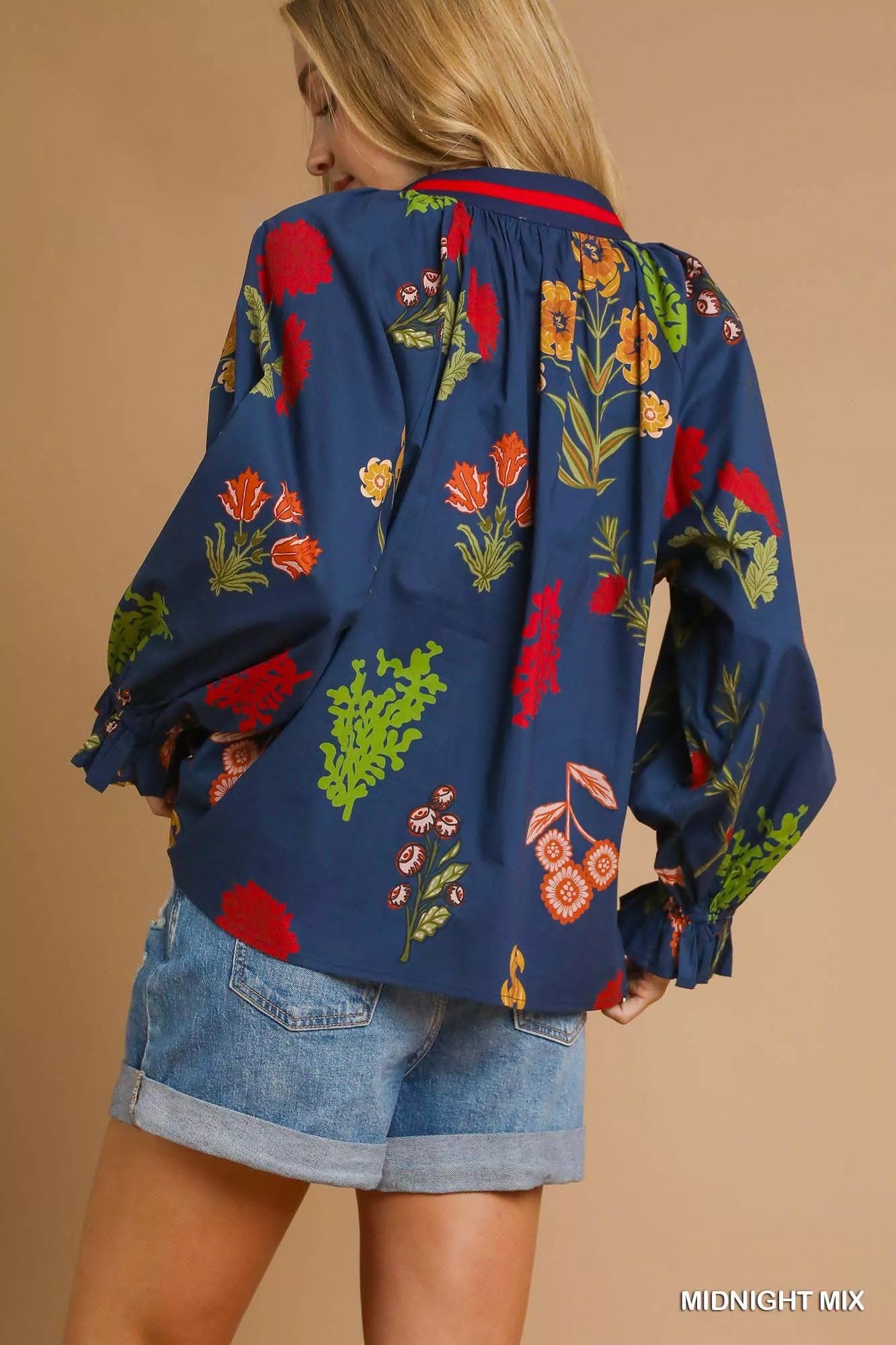 Umgee Midnight Mix Floral Print Flounce Sleeve Blouse