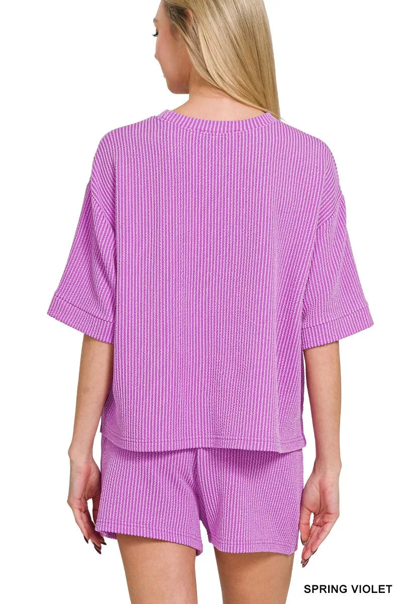 Zenana Raised Rib Short Sleeve Tee and Drawstring Shorts Set