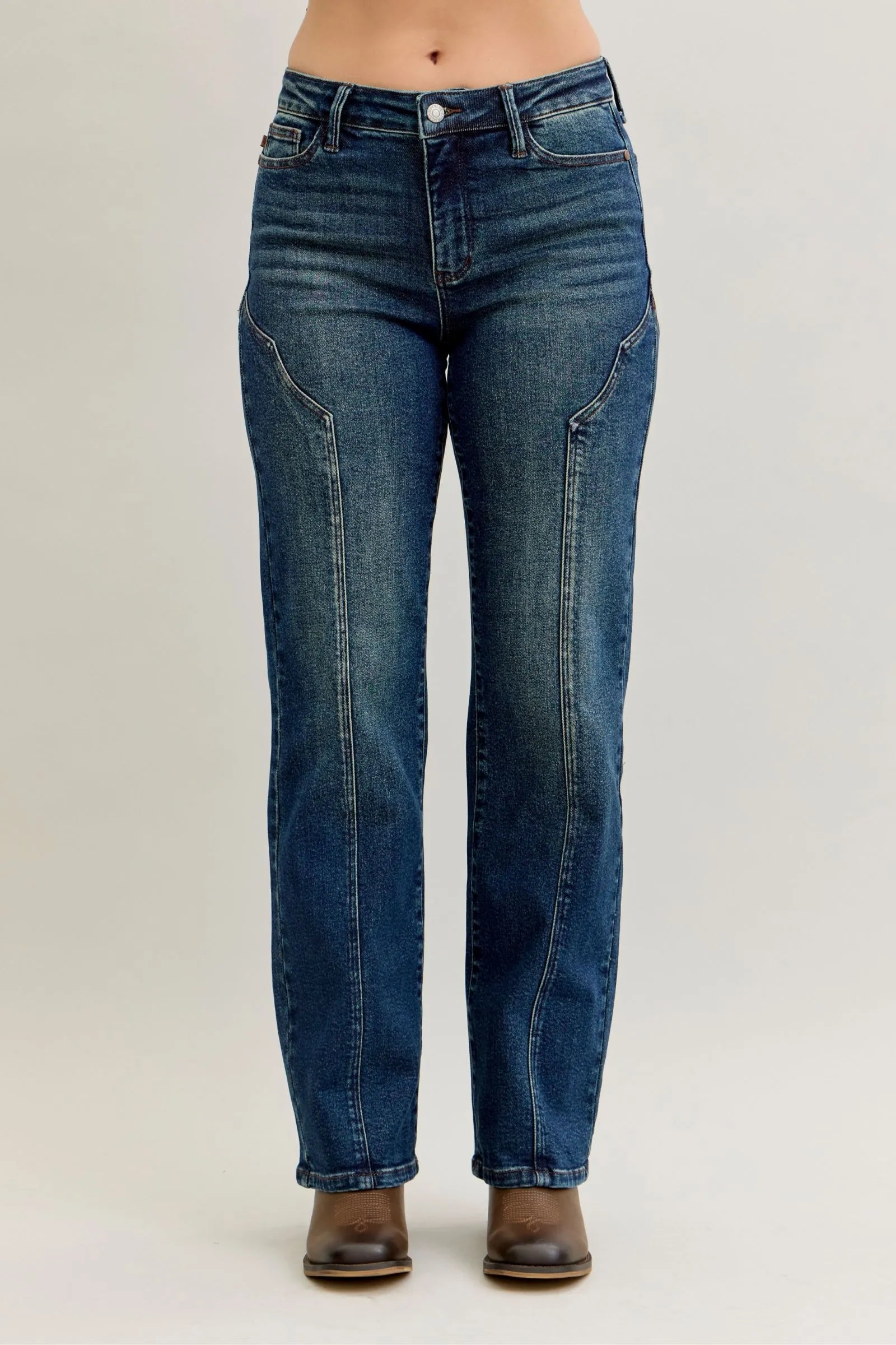 Judy Blue Dark Washed Western Seam Detail Straight Leg Jeans Dark