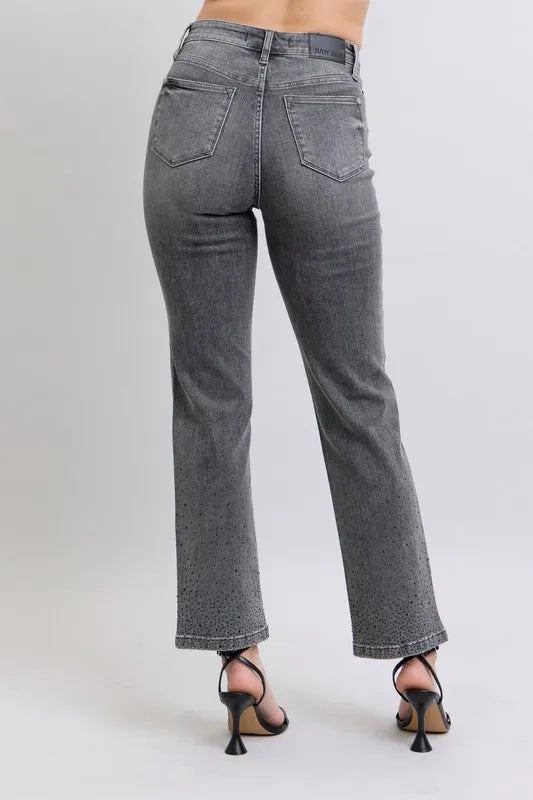 Judy Blue Gray High Waist Rhinestone Straight Jeans