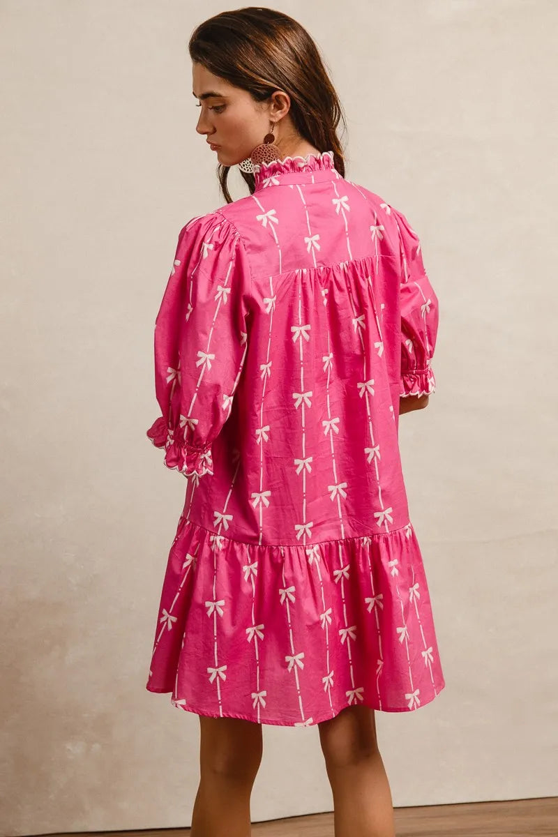 BiBi Fuchsia Ribbon Pattern With Scallops Edge Details Dress