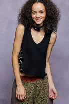 POL Black Star Patch V-Neck Cropped Ribbed Tank