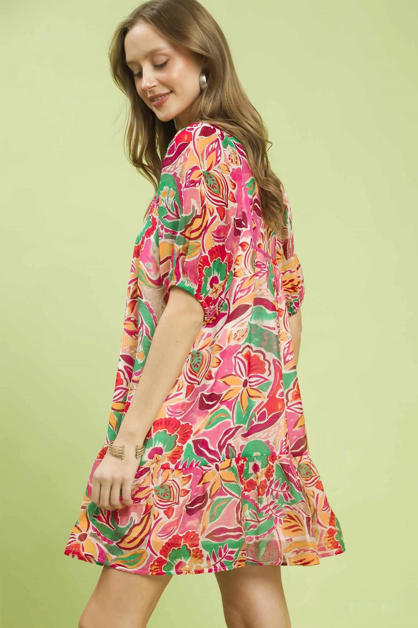 Umgee Pink Mix Abstract Print V-Neck Baby Doll Dress