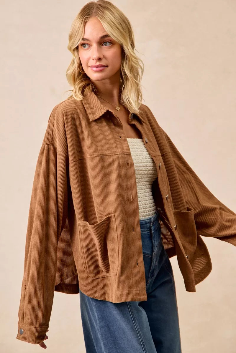 BiBi Camel Corduroy Relaxed Fit Shacket with Back Pleat