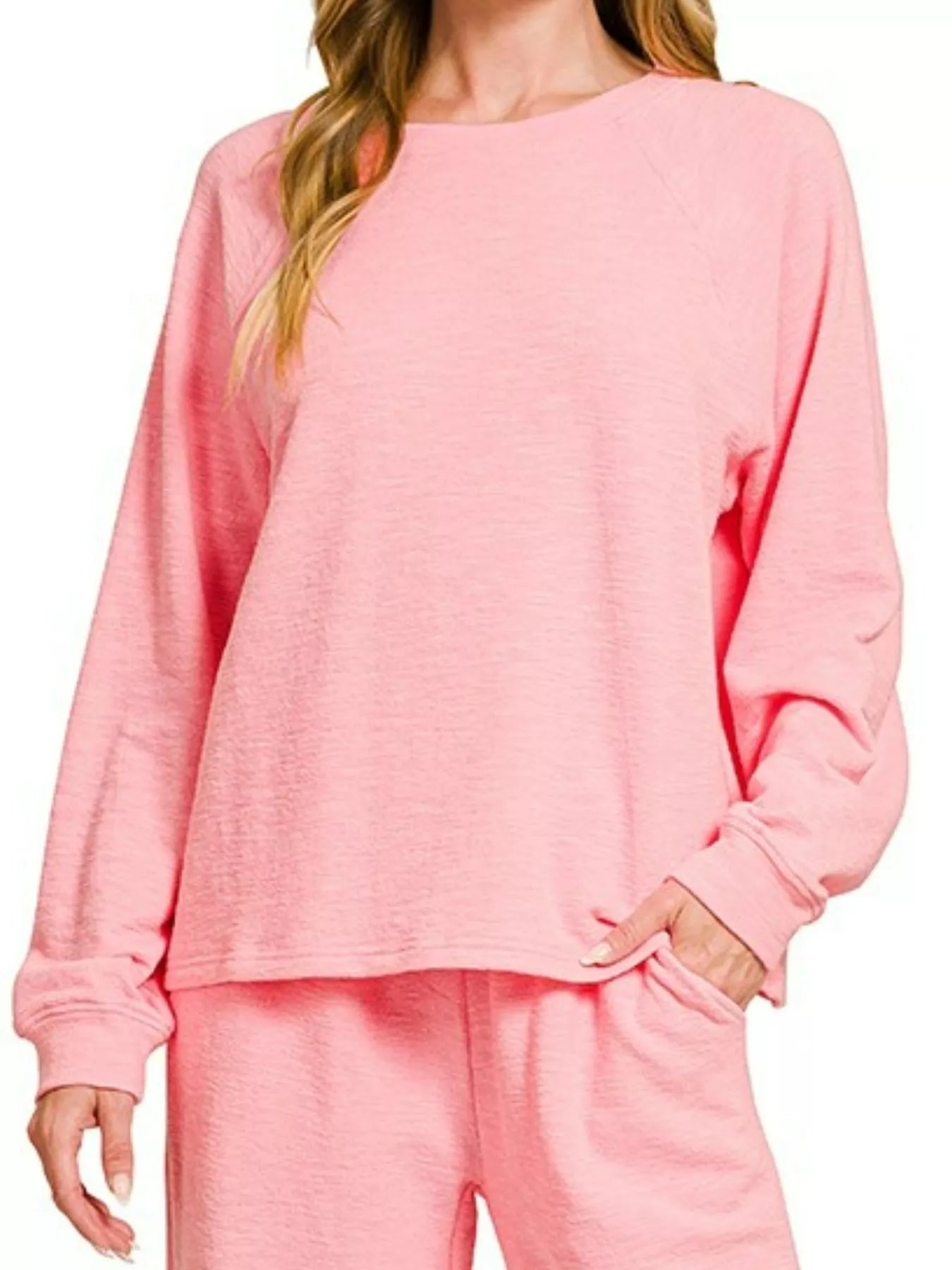 Zenana Dark Pink Slub Long Sleeve Top and Pants Lounge Set