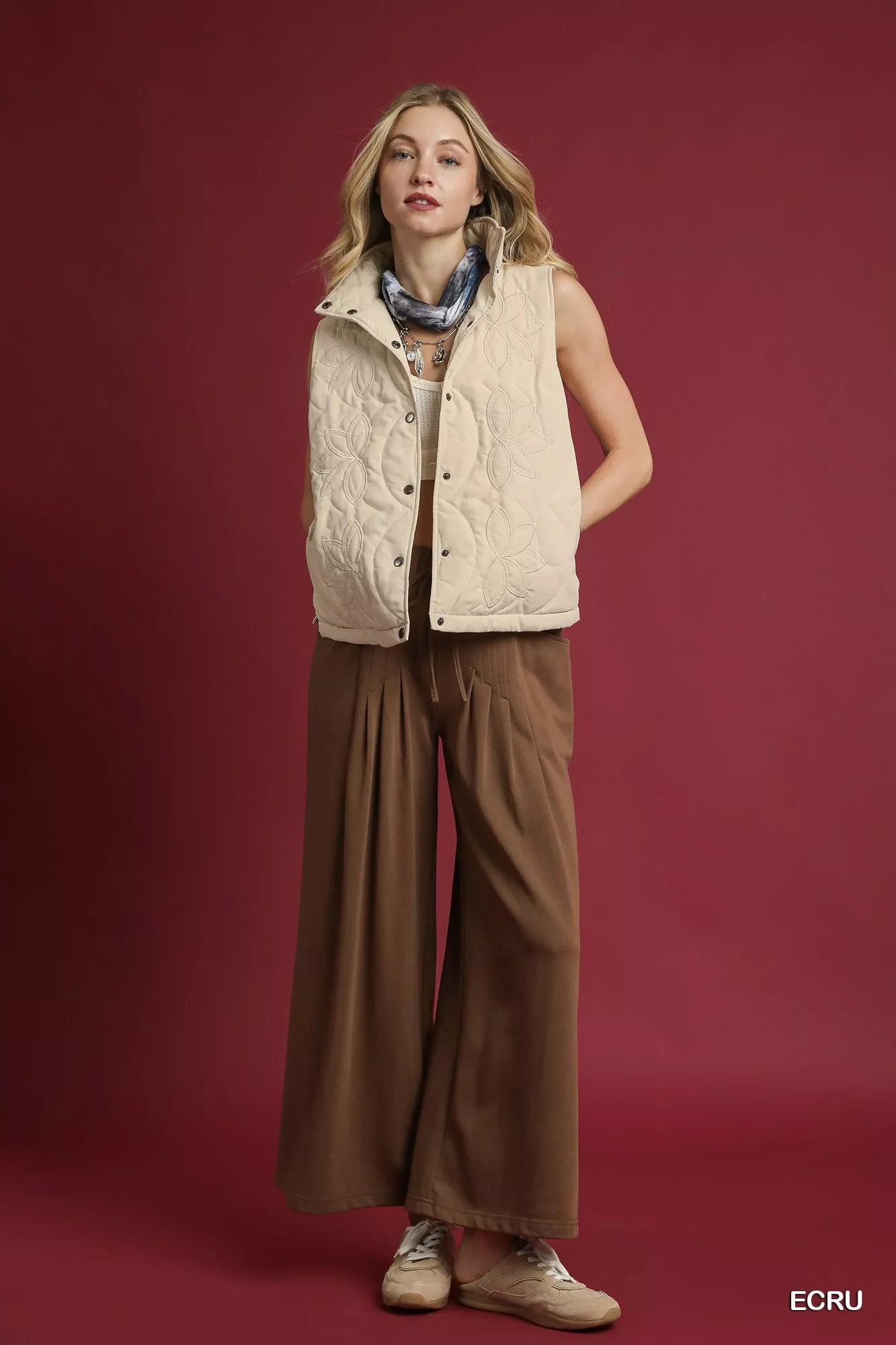 Umgee Ecru Quilted Embroidered Vest