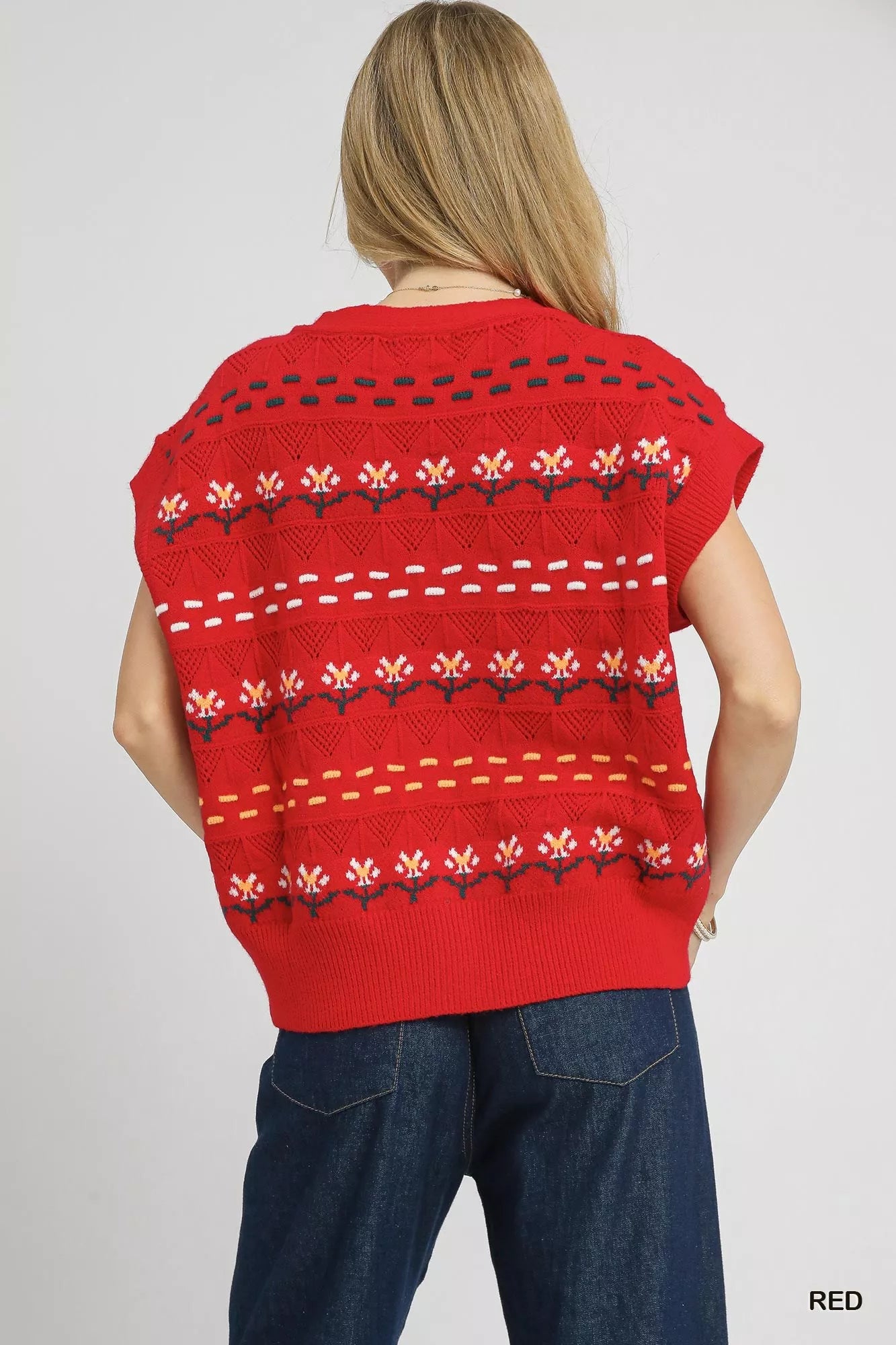 Umgee Red Button-Down Knit Vest with Floral Pattern
