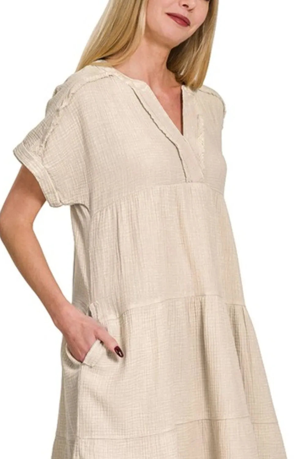 Zenana Sand Beige Washed Double Gauze Raw Edge V-neck Dress