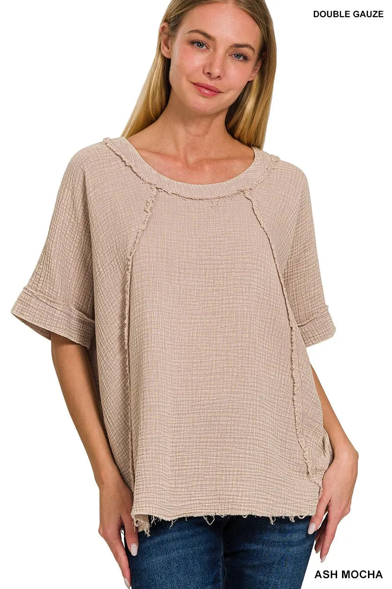 Zenana Ash Mocha Washed Double Gauze Exposed Seam Raglan Short Sleeve Top