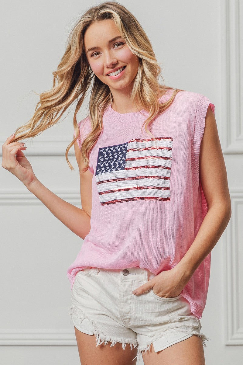 BiBi Pink American Flag Sequins Patch Knit Top