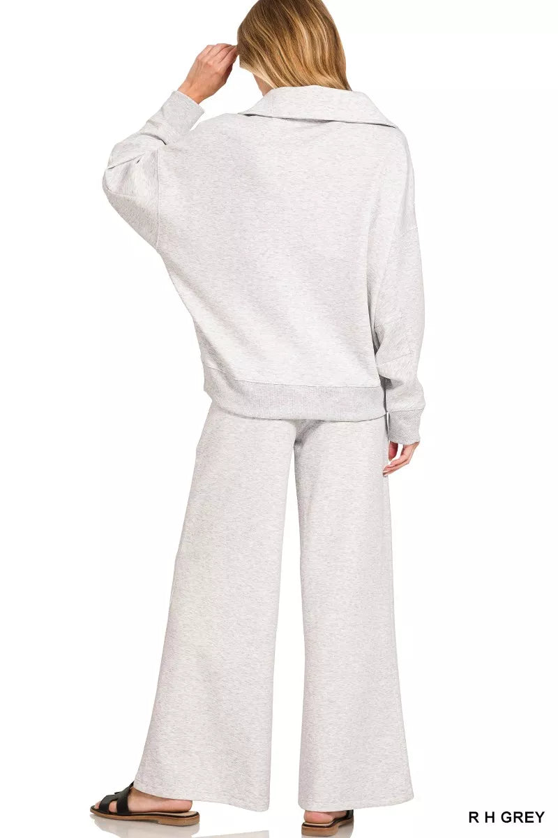 Zenana Heather Grey Scuba Collared Pullover and Pants Set