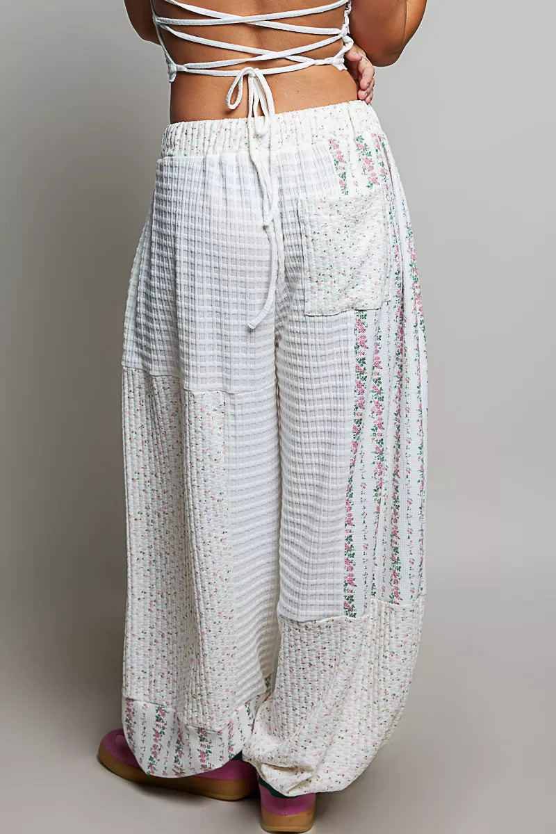 POL Ivory Patchwork Mixed Knit Wide Leg Pants